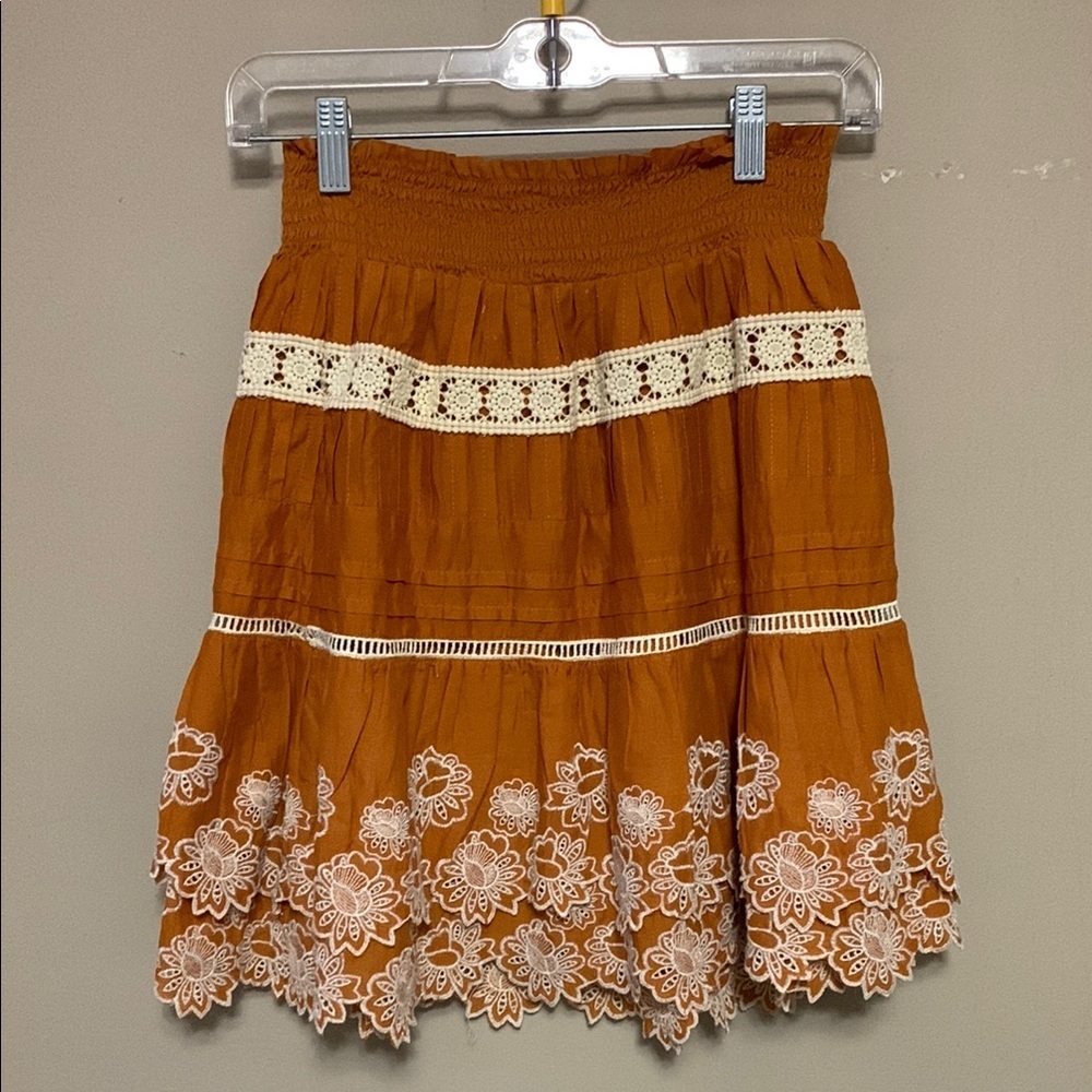 Anthropologie Women’s Embroidered Lace Tiered Mini Skirt X-Small Boho Western